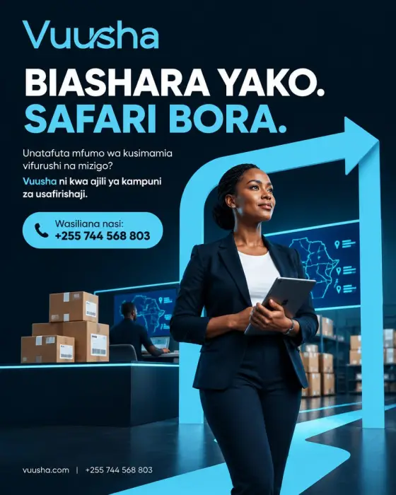 Poster in Swahili reading "Biashara yako. Safari bora.", with the Vuusha logo.