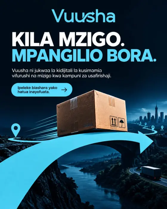 Poster in Swahili reading "Kila mzigo. Mpangilio bora.": a parcel travelling along a glowing route between cities.
