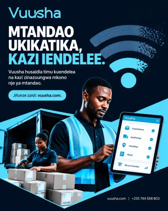 Poster in Swahili reading "Mtandao ukikatika, kazi iendelee.": two staff handling parcels, one with a tablet showing the app and an offline sign.