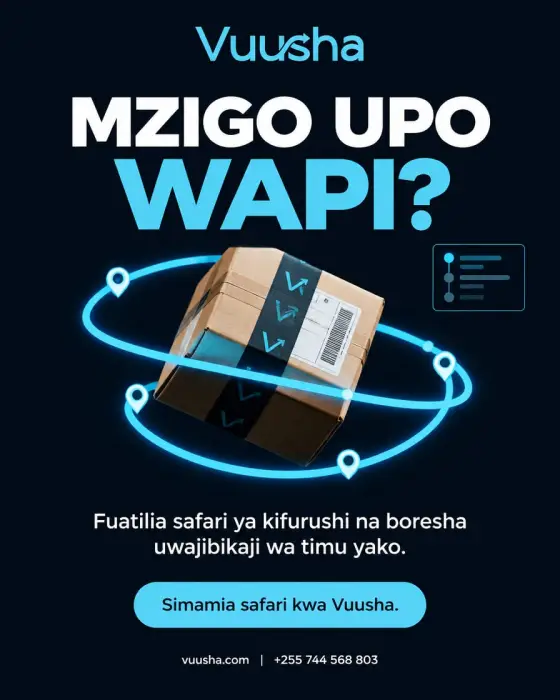 Poster in Swahili reading "Mzigo upo wapi?": a parcel circled by glowing location pins.