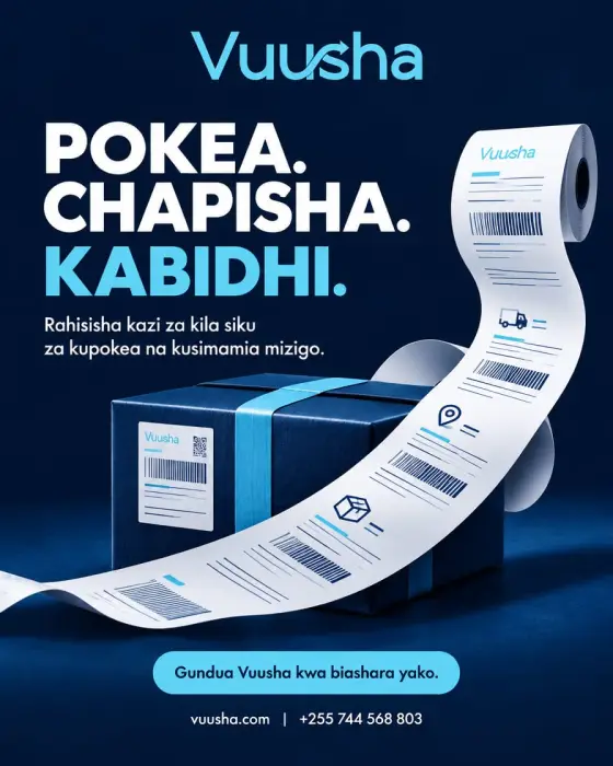 Poster in Swahili reading "Pokea. Chapisha. Kabidhi.": a parcel with a long printed receipt.