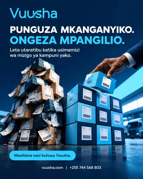 Poster in Swahili reading "Punguza mkanganyiko. Ongeza mpangilio.", with the Vuusha logo.